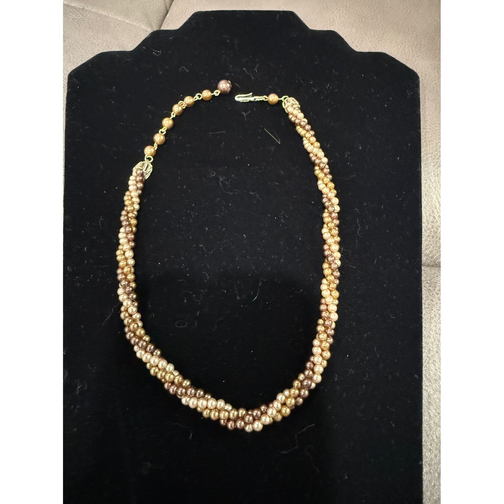 Vintage Japan Twisted Faux Pearl Necklace Multi Strand Champagne Bronze 16 Inch‎